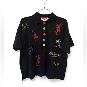 Vintage Richard Sport Colorful Buttons Tropical Embroidered Figures Top